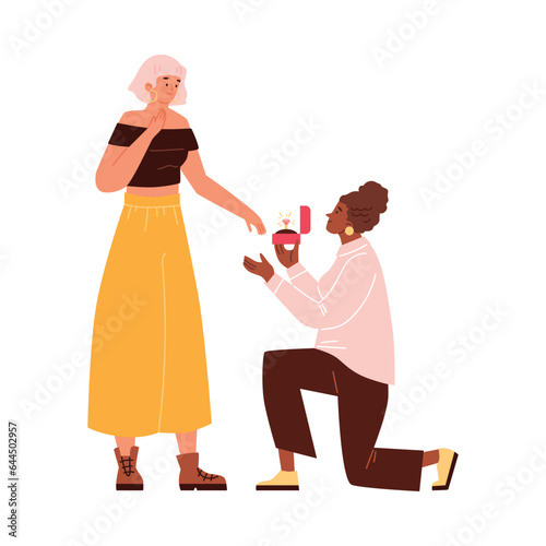 Woman proposes marriage to her girlfriend, flat vector illustration isolated on white background.