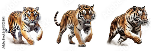 set of tigers isolated on a transparent background, PNG format.