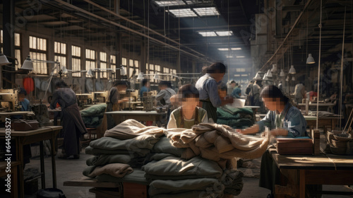 Blurred warehouse factory, illegal labour exploitation in sweatshop manufacturing concept