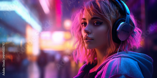 pink girl with headphones on the night street