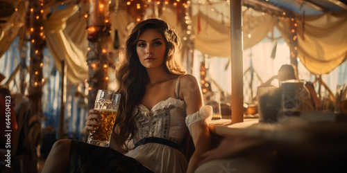 pretty girl with beer in traditional german costume poses at octoberfest © AIGleb