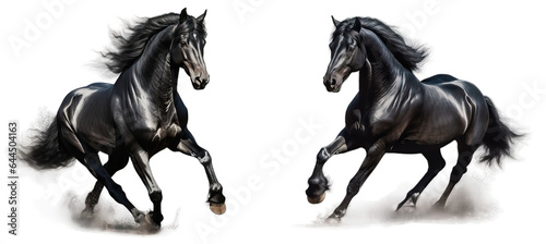 Black horses isolated on a transparent background, PNG format.