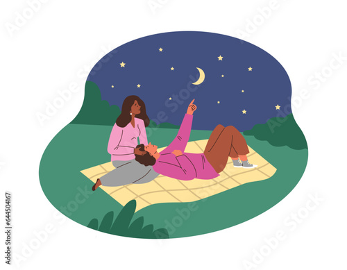 Happy amorous couple looking at starry night sky on hill, admiring man and woman, romantic honeymoon vector illustration