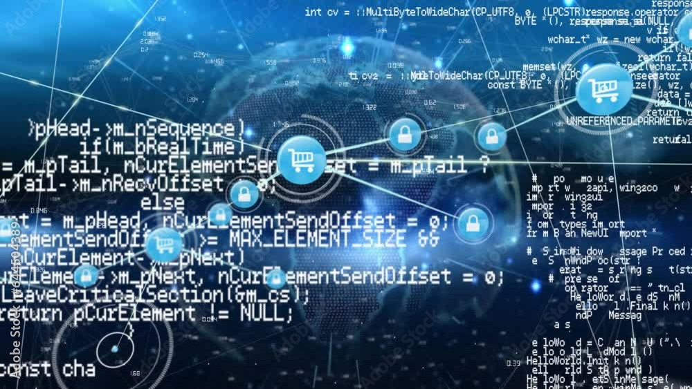 Animation of network of digital icons and data processing over spinning globe on blue background