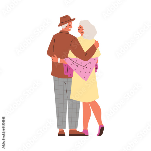 Elderly enamored couple hugging, view from the back, gray-haired old man and woman in honeymoon, vector husband and wife