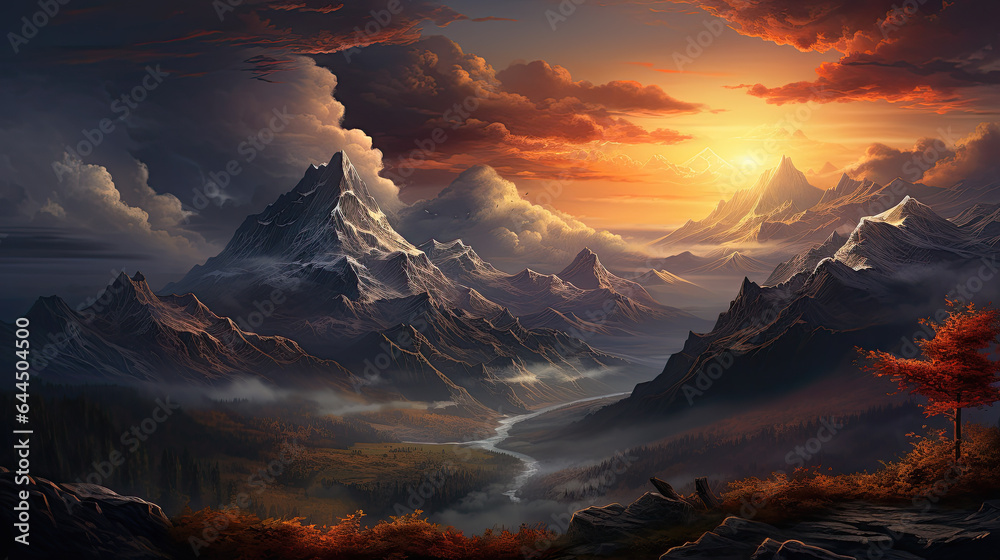 illustration of mountains with dramatic sky.