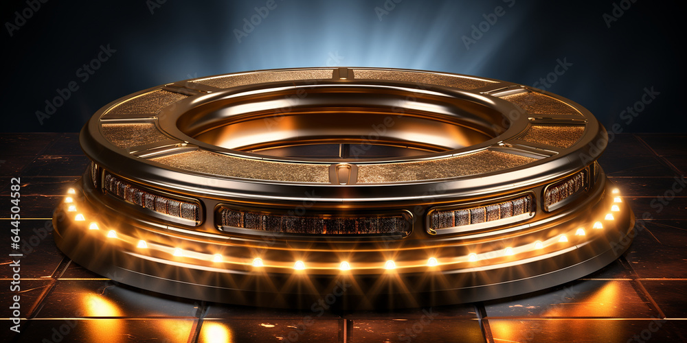 Hintergundmotiv in schwarz mit gold runde Scheibe mit Lichter 3D als im Querformat für Banner, ai generativ Hintergundmotiv in schwarz mit gold runde Scheibe mit Lichter 3D als im Querformat für Banner, ai generativ