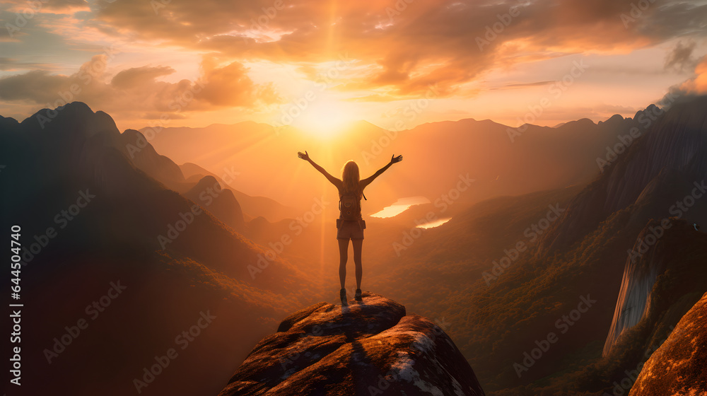 A girl on a mountain hugs the sunset after a hike, generative ai
