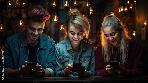 a group of young people look at their phones together.
