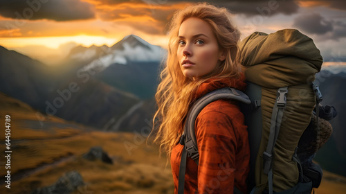 Golden Autumn Hiking women in the mountains during sunset, blonde model girl with backpack walk over the mountains, ai generative 