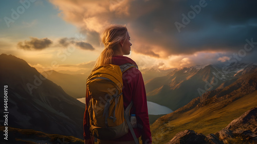 Golden Autumn Hiking women in the mountains during sunset, blonde model girl with backpack walk over the mountains, ai generative  © Marc