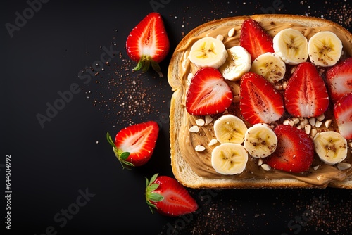 sweet toast with peanut butter strawberries banana on black background top view