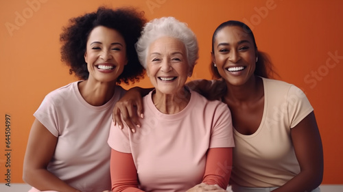 Sports, fitness and friendship: Group of elderly woman people laughing happily, dressed in sportswear on a nude studio background. Generative AI