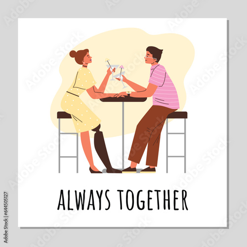 Enamored couple at table drink cocktail, woman with prosthetic leg, traveling in honeymoon Always together vector poster