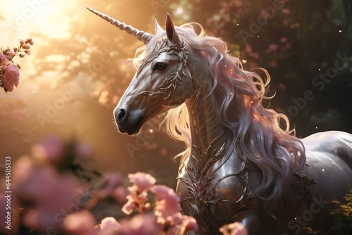 a silver magical unicorn with a pink mane stands in the garden among flowers at sunset