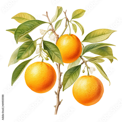 Oranges on a branch with white flowers and leaves, PNG. Generative AI	
