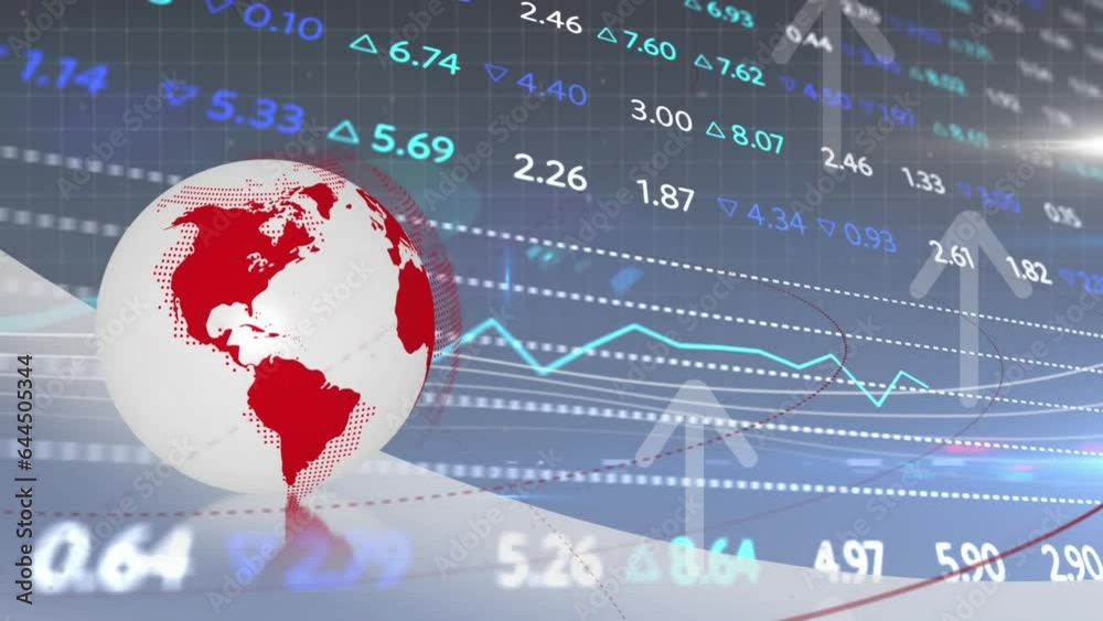 Animation of spinning globe, stock market data processing, arrows moving upwards and light spot Animation of spinning globe, stock market data processing, arrows moving upwards and light spot