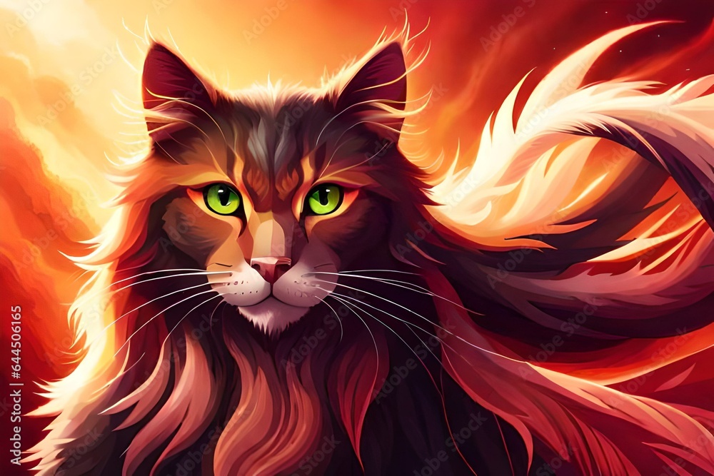 illustration of a red cat, A close-up of a mystic cat, resembling a phoenix, adorned in vibrant red and black hues.