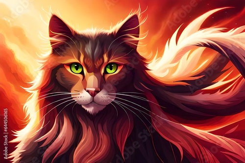 illustration of a red cat, A close-up of a mystic cat, resembling a phoenix, adorned in vibrant red and black hues.