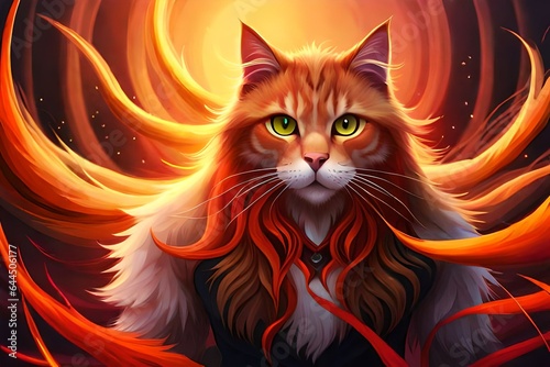 cat with hair, A close-up of a mystic cat, resembling a phoenix, adorned in vibrant red and black hues.