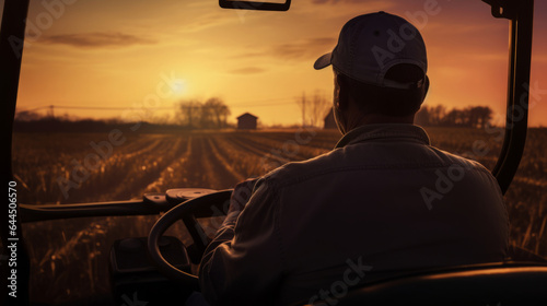 Farmer driving a tractor through wheat crop field at sunrise. Silhouette of man with hat