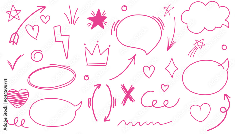 Pink line arrow element, star, heart shape. Hand drawn doodle sketch style circle, cloud speech bubble grunge element set. Arrow, star, heart brush decoration. Vector illustration