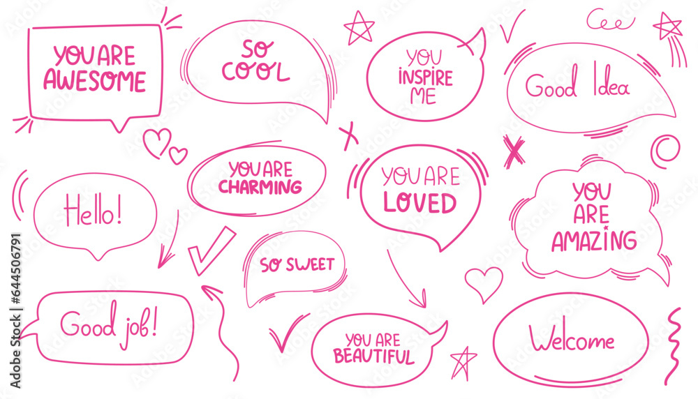 Pink Line simple balloon frame for text title. Line decoration simple speech bubble set with comic cloud, balloon, arrow element. Hand drawn doodle sketch style. Vector illustration. Pink Line simple balloon frame for text title. Line decoration simple speech bubble set with comic cloud, balloon, arrow element. Hand drawn doodle sketch style. Vector illustration.
