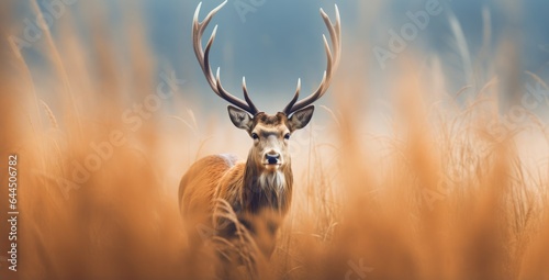 Banner with red deer stag in the autumn field. Noble deer male. Beautiful animal in the nature habitat. Wildlife scene from the wild nature landscape. Wallpaper, beautiful fall background © ratatosk