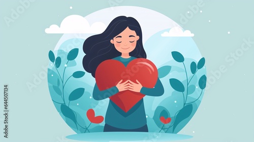 Girl Hugging Heart and Herself Mental Health Day Illustration Depicting Mental Well-being and Depression