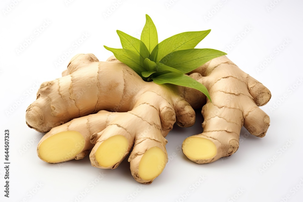 Ginger root with leaves on white background, healthy food concept.Generative AI Ginger root with leaves on white background, healthy food concept.Generative AI