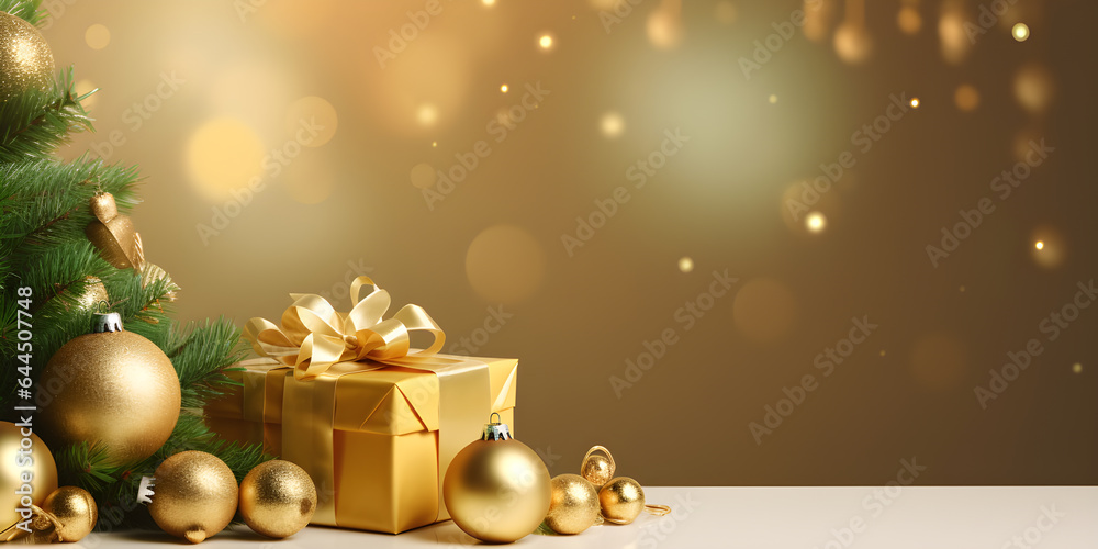 banner celebration day christmas with gift box with velvet ribbon and paper decoration on beautiful background