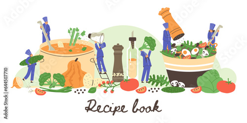 Tiny people cooking huge pumpkin soup and vegetable salad flat style