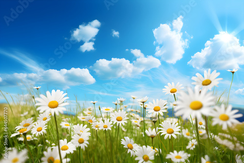 Field of camomiles at sunny day and blue cloudy sky. Chamomile daisy flowers field wide background in sun light. Spring or summer nature scene with blooming white camomile in nature. Generative Ai