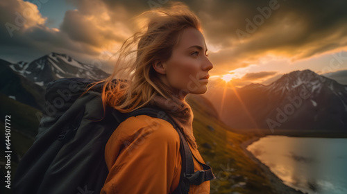 Women Hiking during sunset with a backback over the mountains, generative ai 