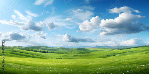 Fresh air and beautiful natural landscape of meadow with green tree in the sunny day background. Summer landscape with hilly green field and forest in the distance and blue clear sky. Generative Ai