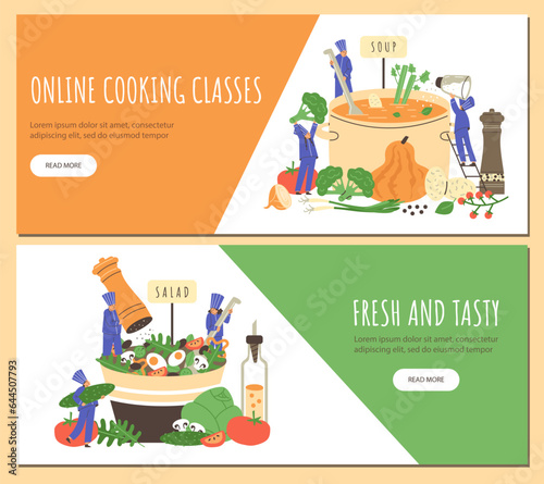 Online cooking classes advertising web banners set, flat vector illustration.