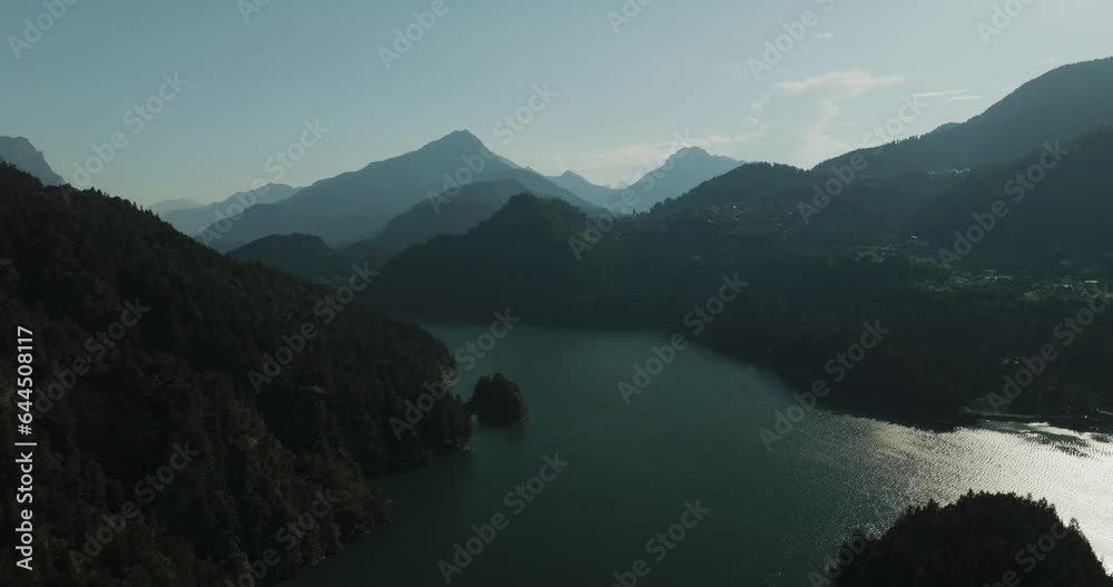 Aerial view of Cadore Lake on the Dolomites Mountains, Veneto, Italy. Aerial view of Cadore Lake on the Dolomites Mountains, Veneto, Italy.