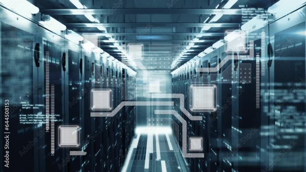 Animation of data processing and mosaic squares against computer server room Animation of data processing and mosaic squares against computer server room