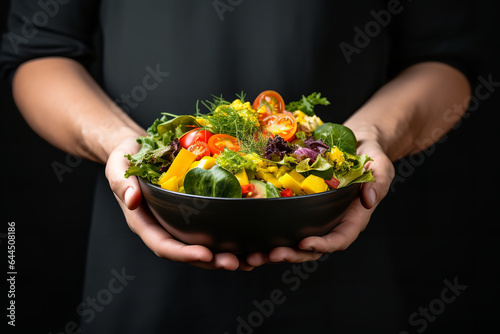 Delicate hands cradle a fresh salad bowl, in a choice of nutrition over the allure of unhealthy junk food in the background