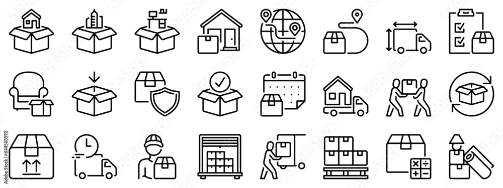 Line icons about moving service. Line icon on transparent background with editable stroke.