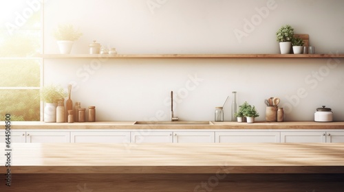 Background of empty beautiful wood table in modern kitchen interior