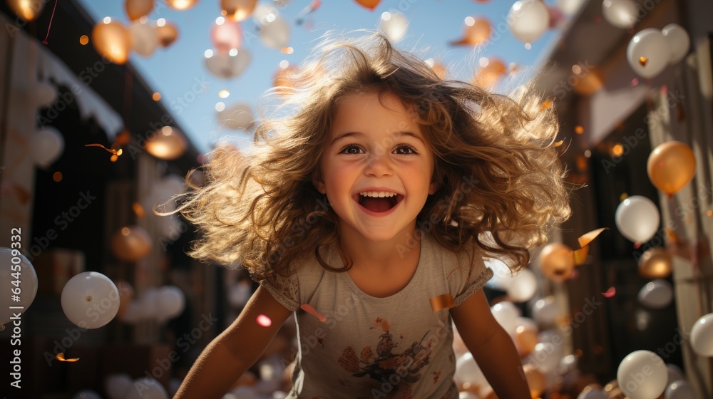 Birthday happy child girl with confetti  and balloons on background. Generative AI