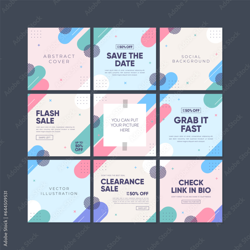 Sale square banner template for social media posts, mobile apps, banners design, web or internet ads. Trendy abstract square template with geometric concept.
