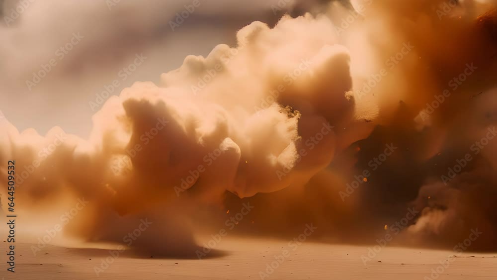 4k 60fps Bronze sand dust particles fly from a black background into the sandy floor. The wind blows away colored sand Powder. Generative Ai Animation.