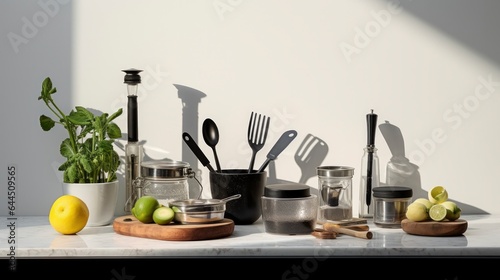 Modern kitchen interior  Kitchen utensils  Cooking ingredients and kitchenware on counter table.