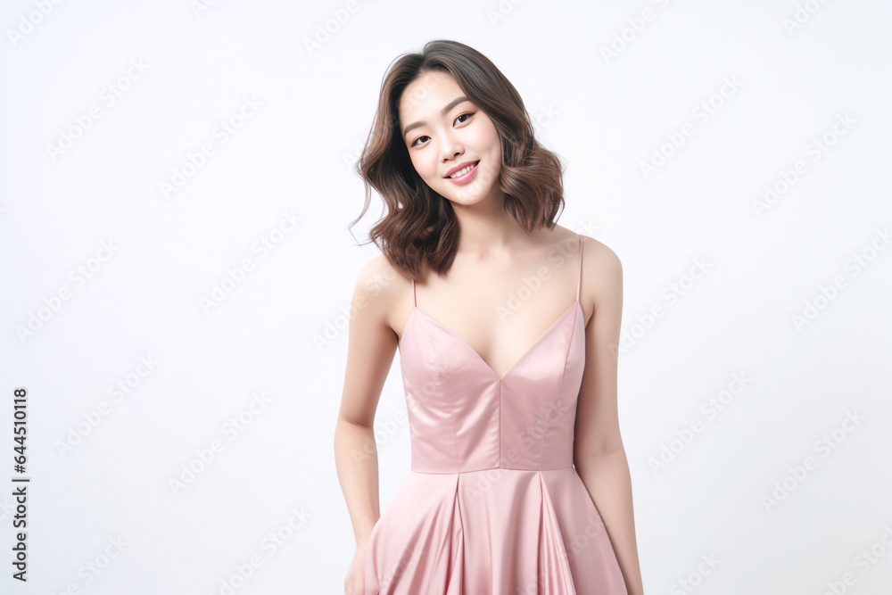 Smiling Beautiful young Asian woman in stylish pink dress in pastel pink dress posing at studio. Generative AI. Smiling Beautiful young Asian woman in stylish pink dress in pastel pink dress posing at studio. Generative AI.