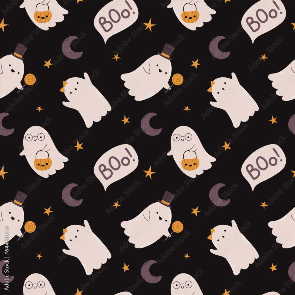 Vector seamless pattern with cute Halloween ghost with different characters. Vector seamless pattern with cute Halloween ghost with different characters.