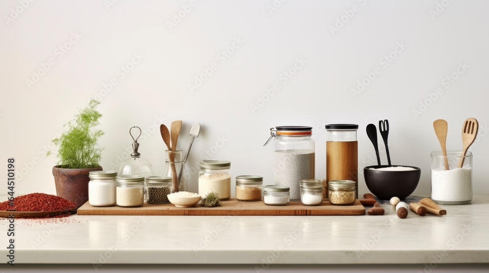 Obraz premium Modern kitchen interior, Kitchen utensils, Cooking ingredients and kitchenware on counter table.