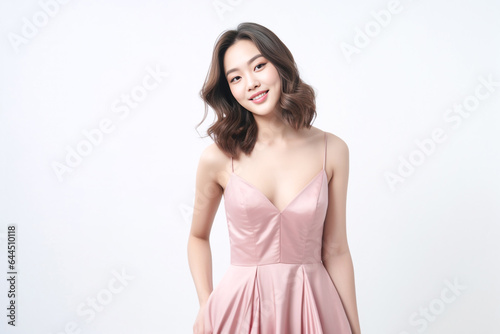 Smiling Beautiful young Asian woman in stylish pink dress in pastel pink dress posing at studio. Generative AI.