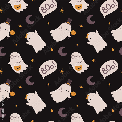 Vector seamless pattern with cute Halloween ghost with different characters.